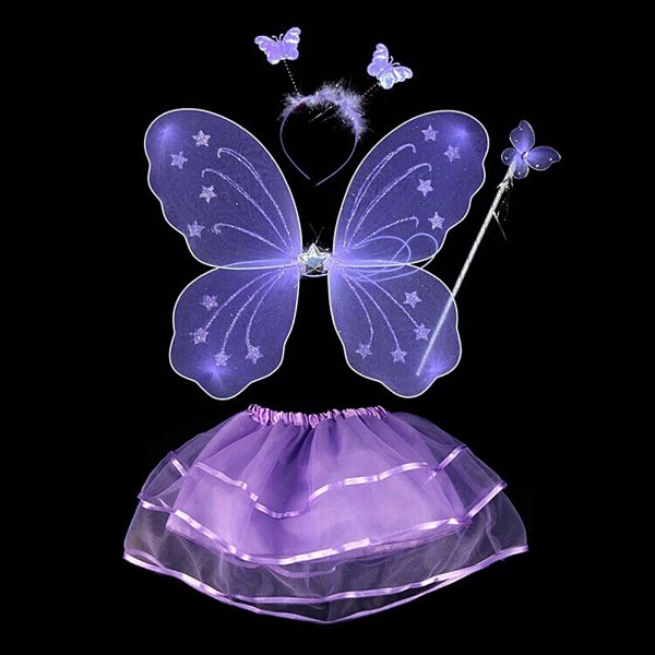 4Pcs Girls Glitter Flashing Light Fairy Butterfly Wing Wand Headband Tutu Skirt 